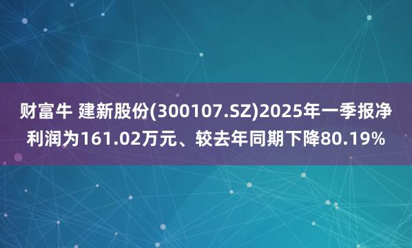 财富牛 建新股份(300107.SZ)2025年一季报净利润为161.02万元、较去年同期下降80.19%